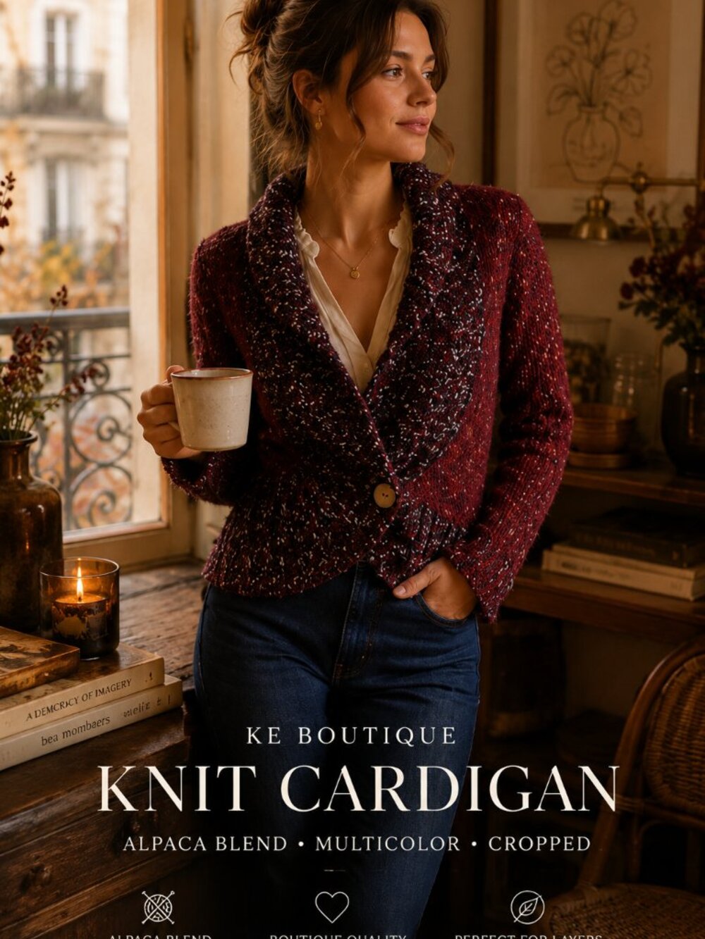 Womens Alpaca Blend Cardigan Cropped Multicolor Knit Cozy Boho Sweater